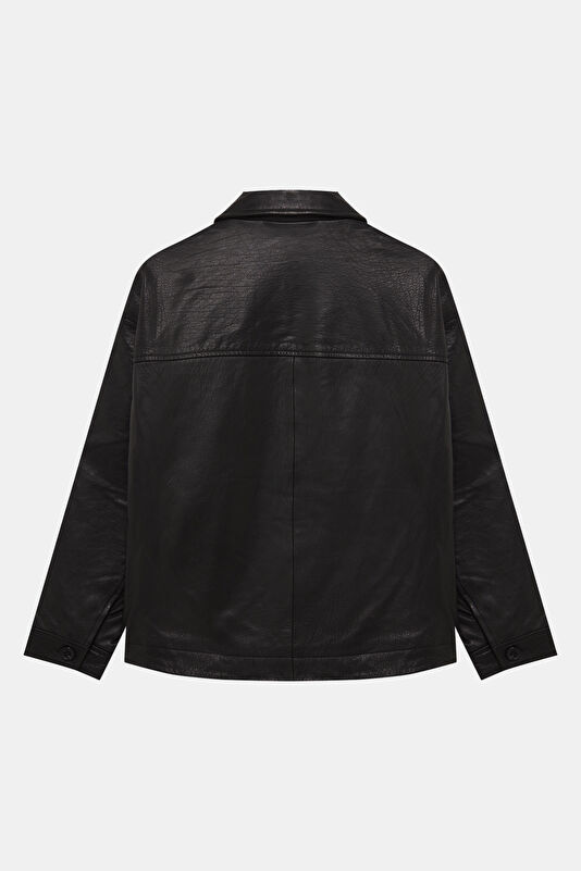Black Buttoned Leather Men's Jacket 2