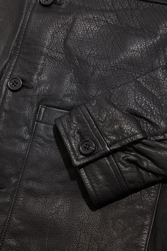 Black Buttoned Leather Men's Jacket 4