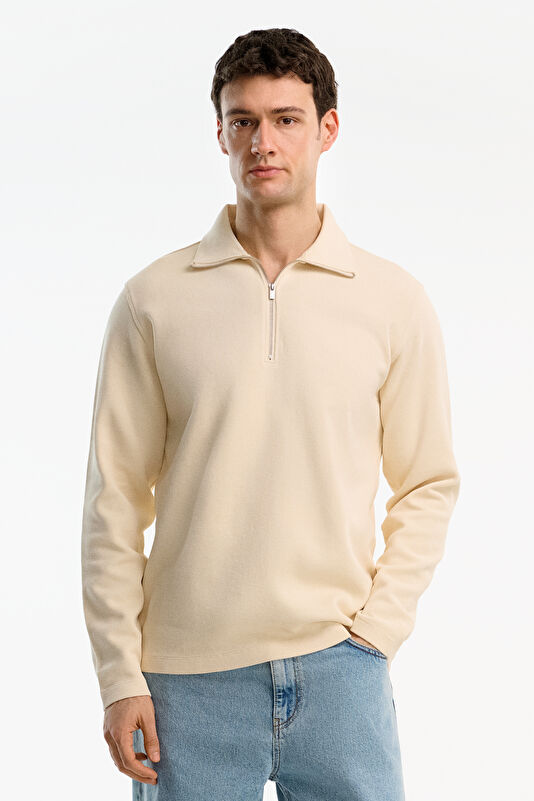 Krem Relax Kalıp Dik Yaka Erkek Sweatshirt
