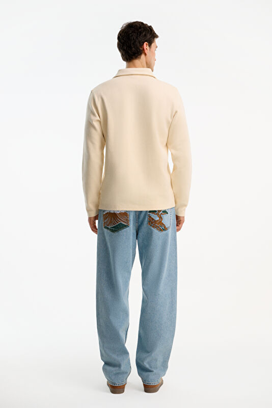 Krem Relax Kalıp Dik Yaka Erkek Sweatshirt 2