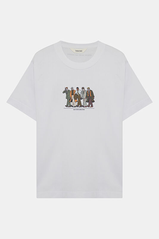 Relax Kalıp Ekru Bisiklet Yaka Baskılı Erkek T-Shirt