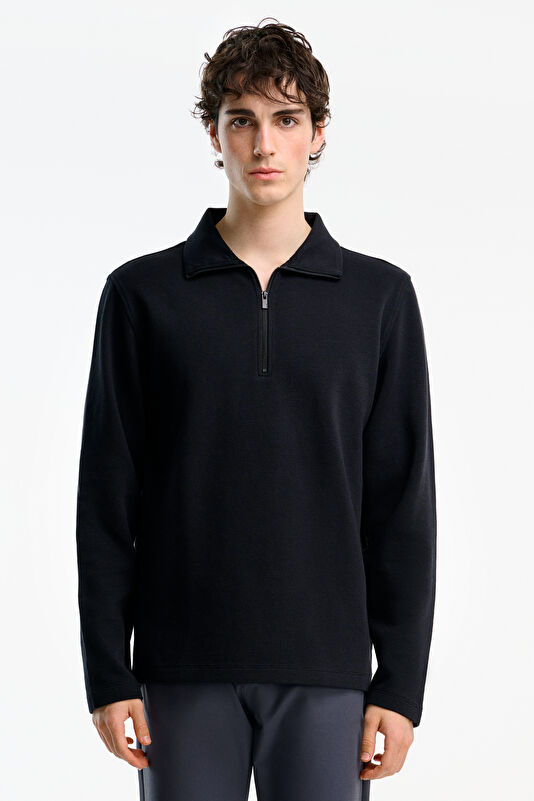 Siyah Relax Kalıp Dik Yaka Erkek Sweatshirt