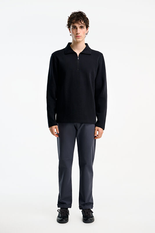 Siyah Relax Kalıp Dik Yaka Erkek Sweatshirt 3