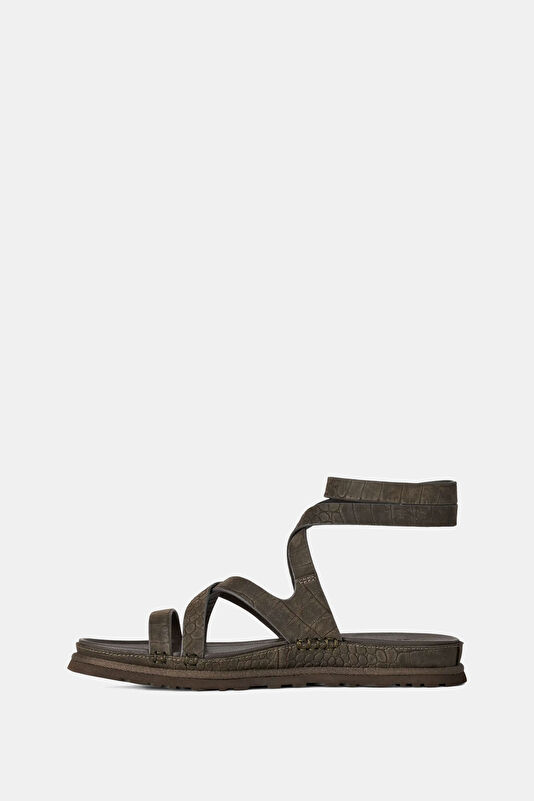Goldengaze Embossed Ankle Wrap Khaki Women's Sandals 2