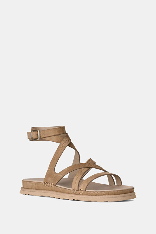 GoldenGaze Embossed Ankle Wrap Light Beige Women's Sandals 3