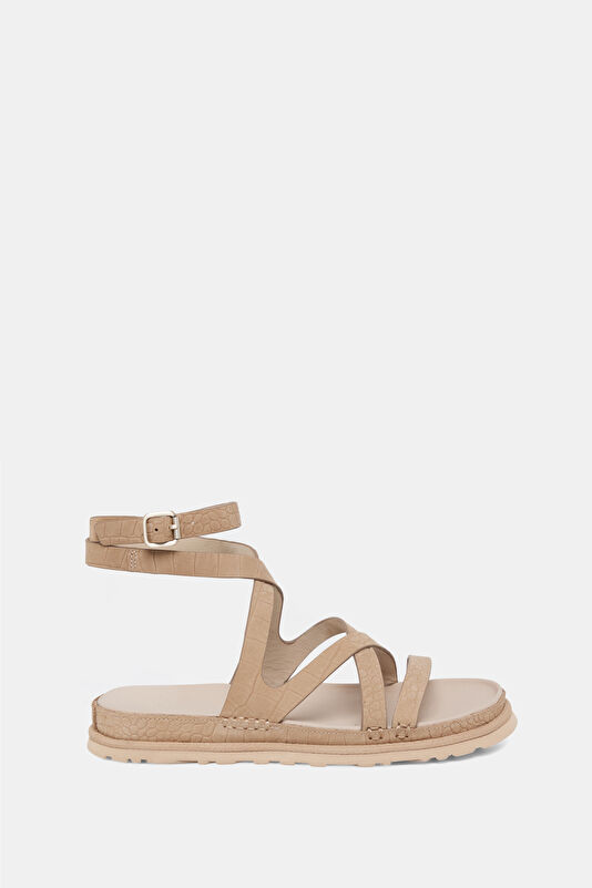GoldenGaze Embossed Ankle Wrap Light Beige Women's Sandals