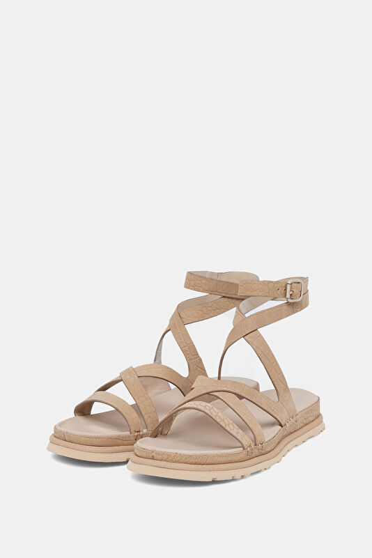 GoldenGaze Embossed Ankle Wrap Light Beige Women's Sandals 2