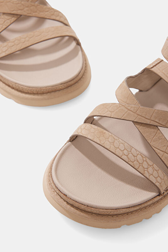 GoldenGaze Embossed Ankle Wrap Light Beige Women's Sandals 4
