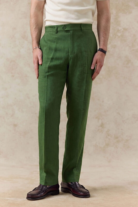 Relax Fit Green Wide Leg Linen Men's Trousers 2