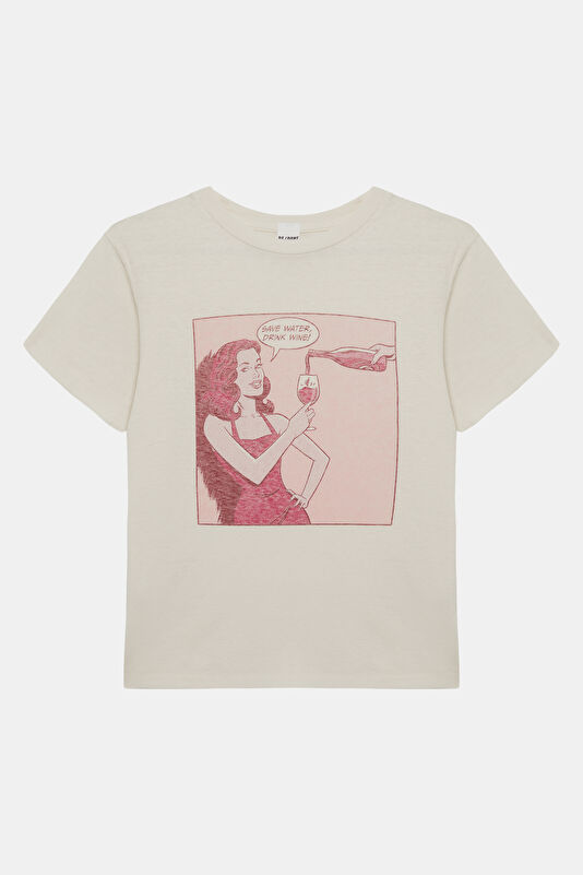 Beyaz Bisiklet Yaka Baskılı Kadın T-Shirt