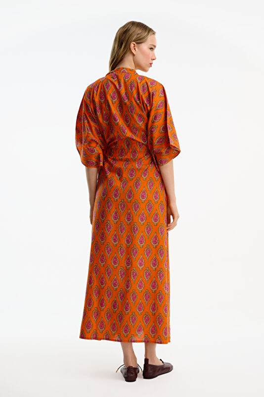 Orange Patterned Midi Women's Dress 2
