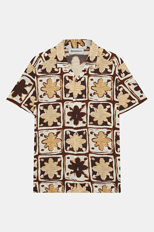 Brown Patterned Resort Collar Men's Shirt