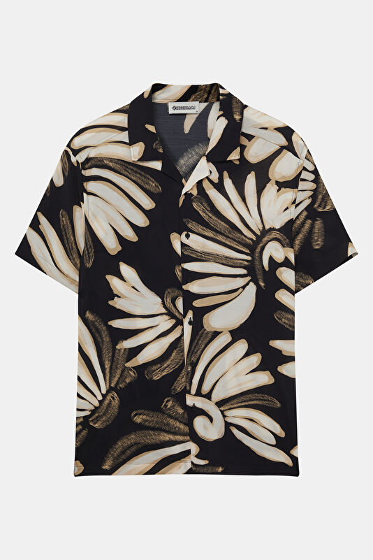Black Patterned Resort Collar Men's Shirt