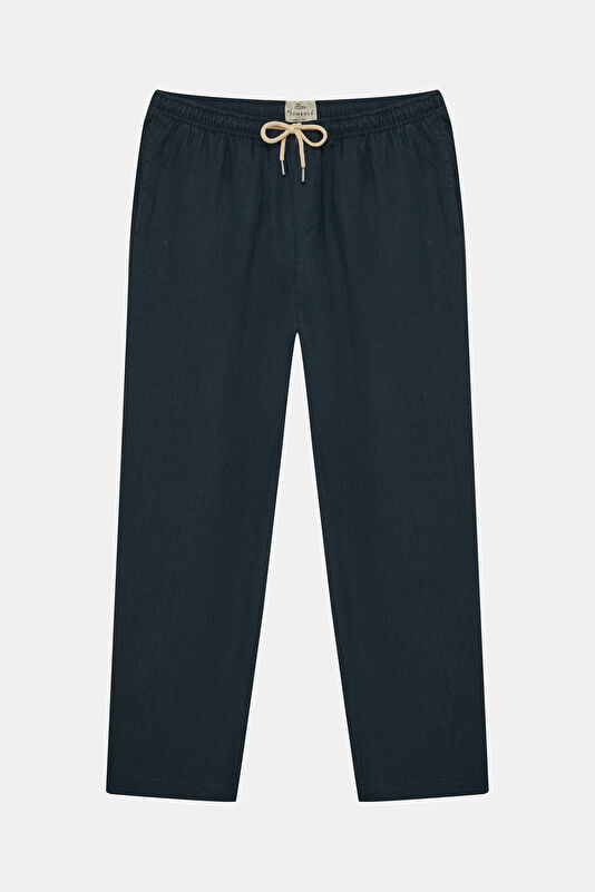 Relax Fit Navy Straight Leg Linen Men's Trousers