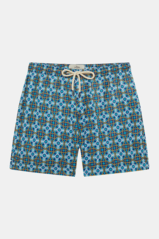 Blue Patterned Elastic Men's Swimsuit