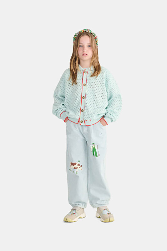 Light Turquoise Patterned Kids Cardigan 4