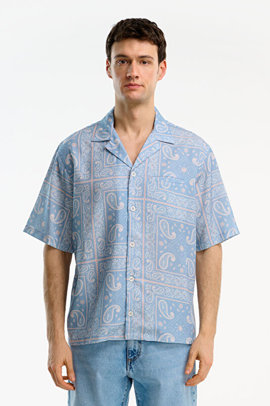 Relax Fit Blue Patterned Resort Collar Men's Shirt
