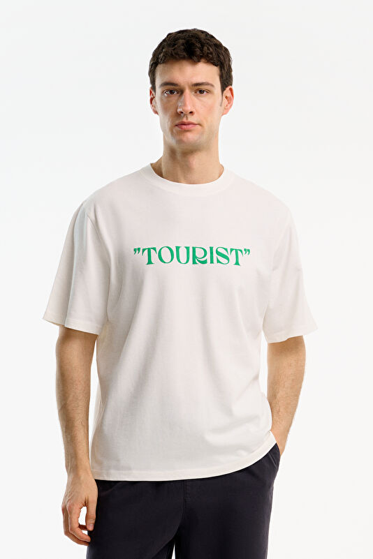 Relax Fit White Crew Neck Printed Men's T-Shirt