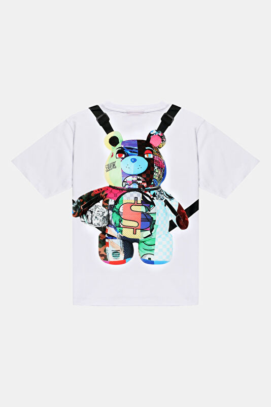 Beyaz Bisiklet Yaka Baskılı Çocuk T-Shirt 2