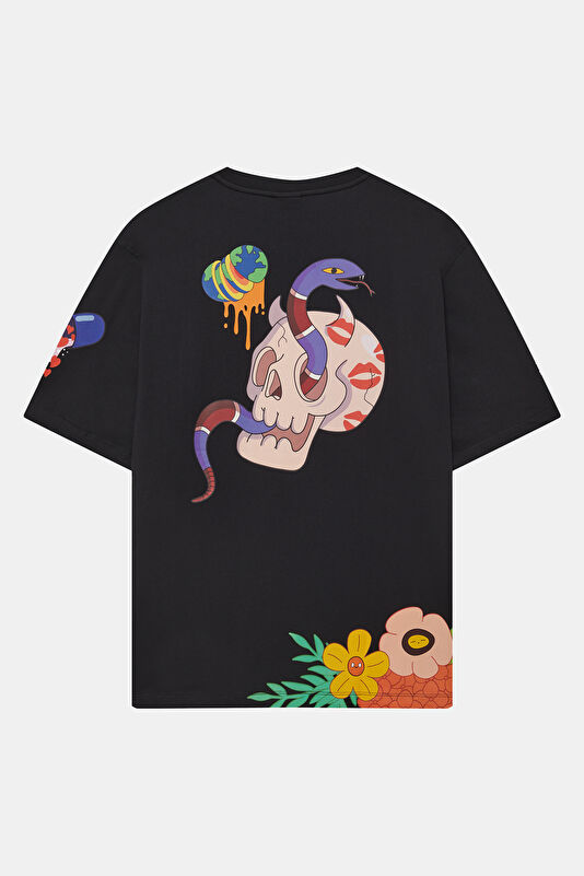 Relaxed Fit Black Crew Neck Printed Men's T-Shirt 2