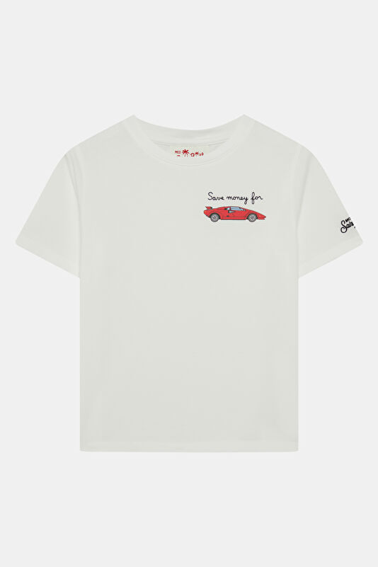 Beyaz Bisiklet Yaka Baskılı Çocuk T-Shirt