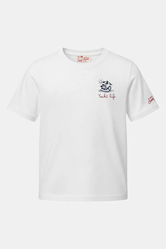 Beyaz Bisiklet Yaka Baskılı Çocuk T-Shirt