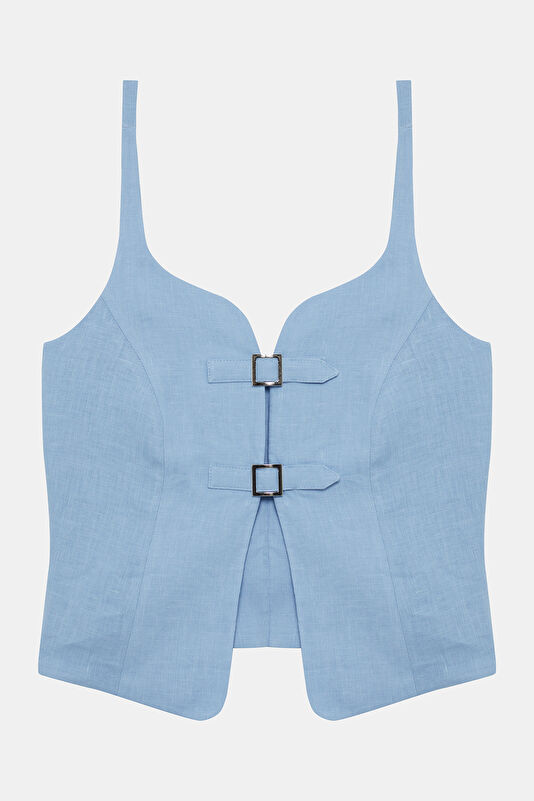 Blue Strappy Linen Women's Blouse