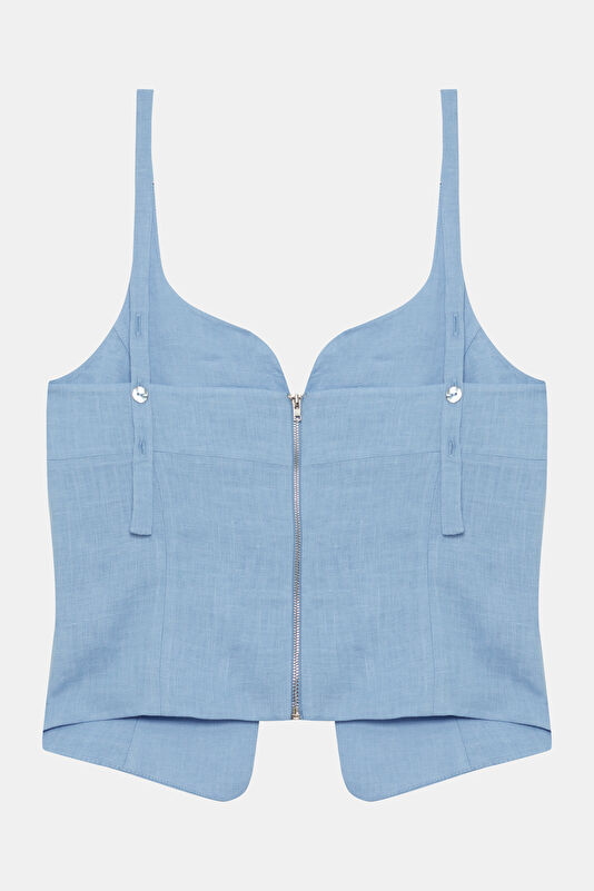 Blue Strappy Linen Women's Blouse 2