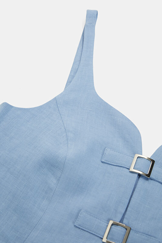 Blue Strappy Linen Women's Blouse 3