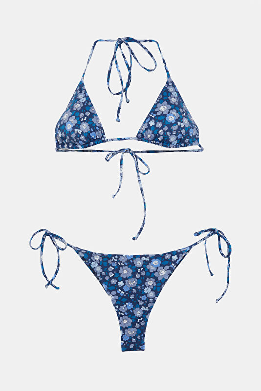 Navy Blue Patterned Lace-Up Women's Bikini