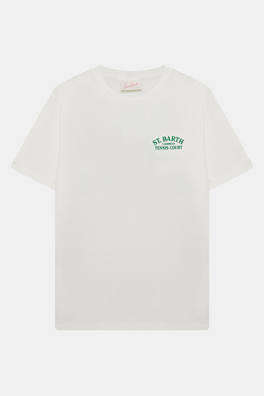 Beyaz Bisiklet Yaka Desenli Kadın T-Shirt