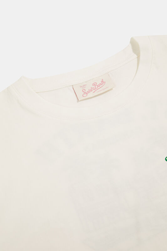 Beyaz Bisiklet Yaka Desenli Kadın T-Shirt 3