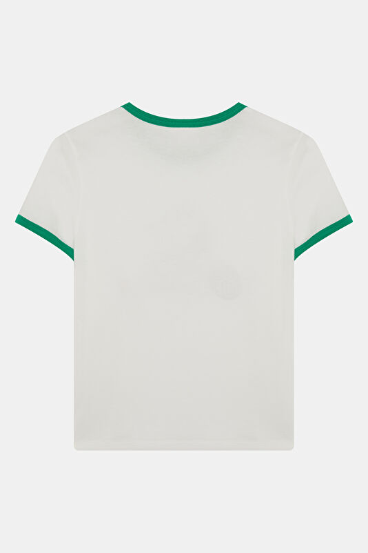 Beyaz Bisiklet Yaka Desenli Kadın T-Shirt 2