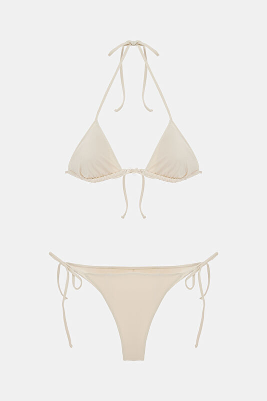 Krem Desenli Bağcıklı Kadın Bikini