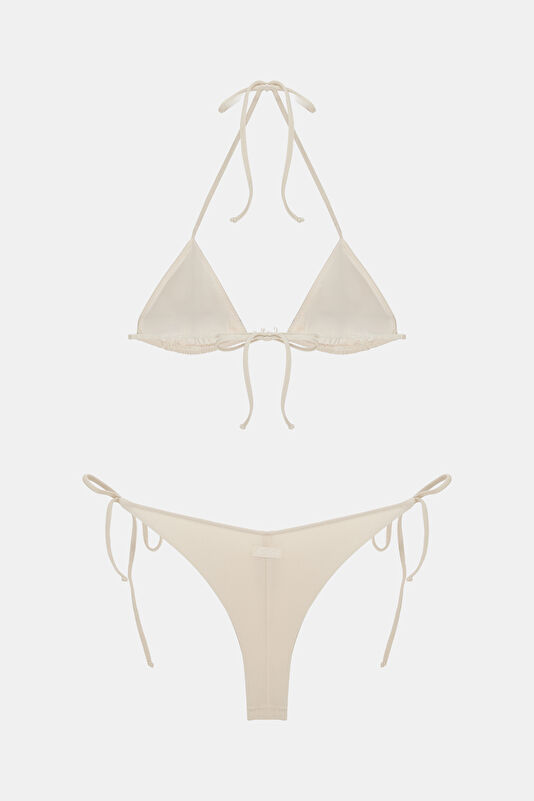 Krem Desenli Bağcıklı Kadın Bikini 2