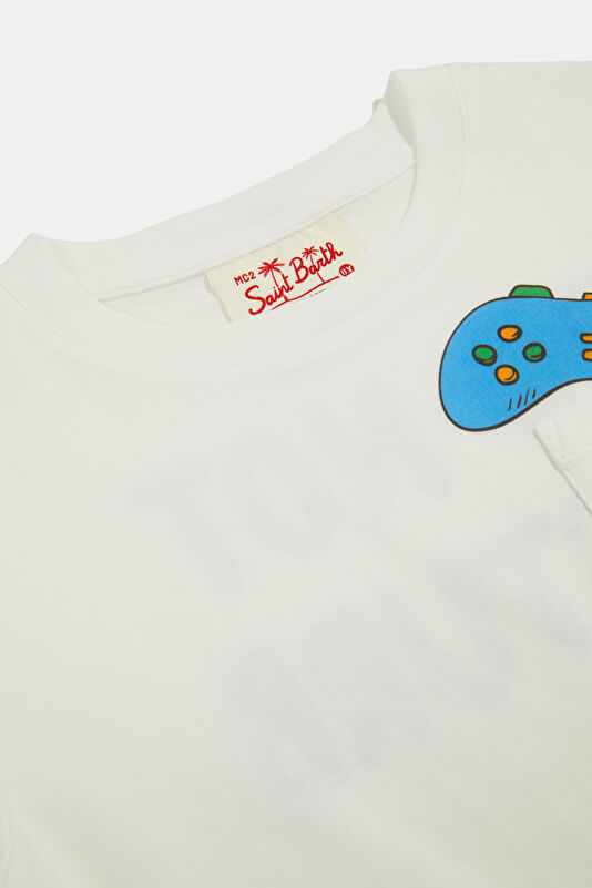 Beyaz Bisiklet Yaka Baskılı Çocuk T-Shirt 3