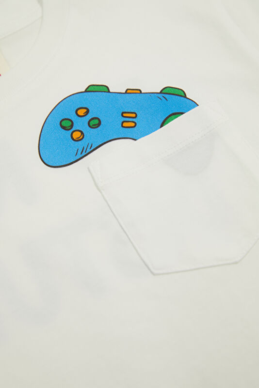 Beyaz Bisiklet Yaka Baskılı Çocuk T-Shirt 4