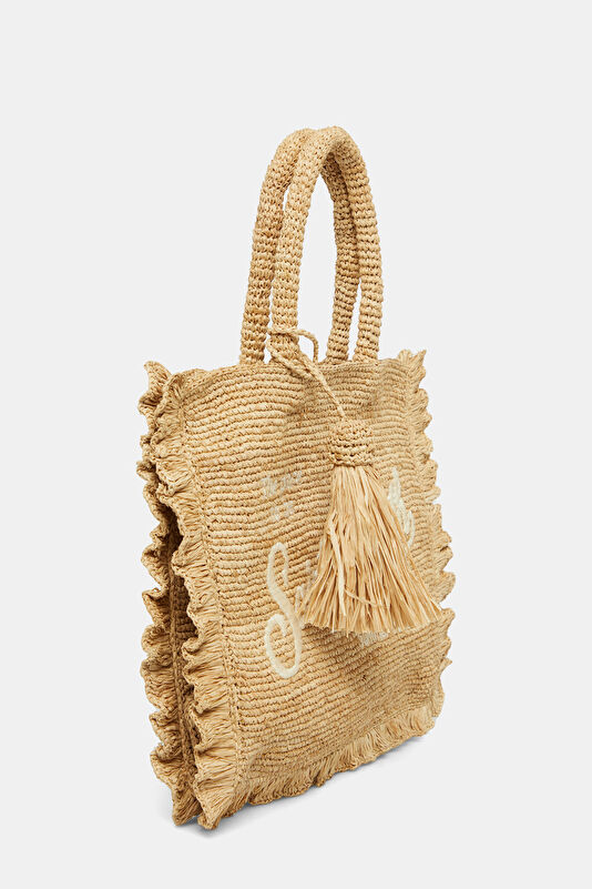 Raffia Volant Mid Bej Desenli Çanta 2