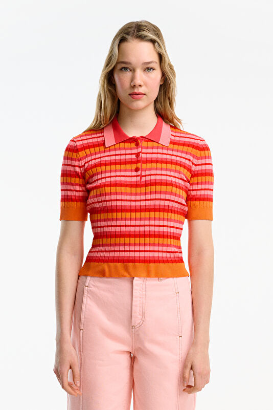Red Striped Pattern Short-Sleeve Women's Blouse