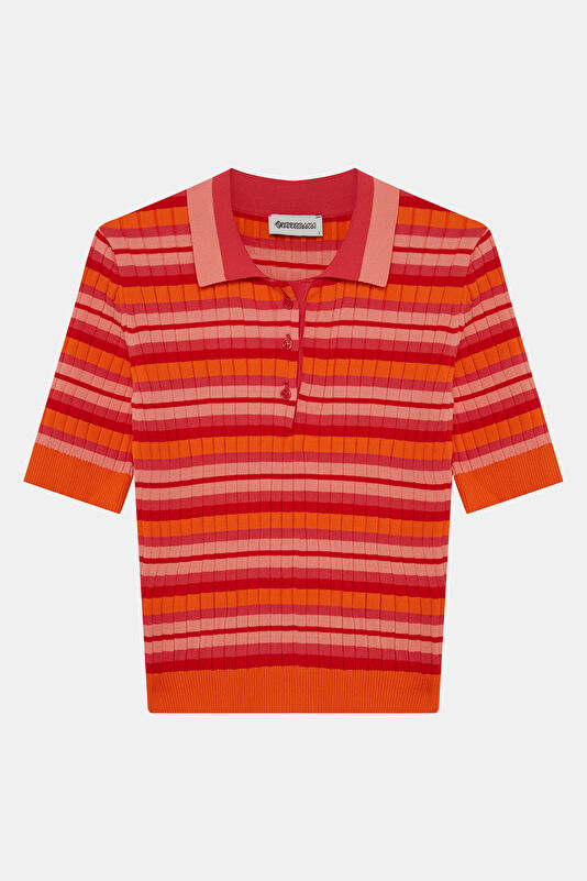 Red Striped Pattern Short-Sleeve Women's Blouse 4