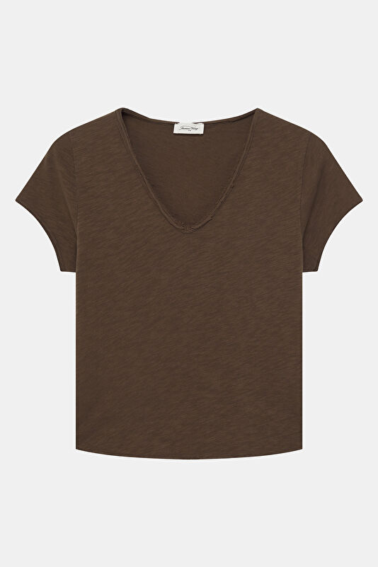Kahve V Yaka Kadın T-Shirt