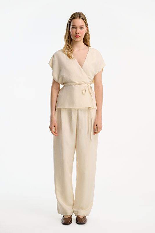 Krem Boru Paça Keten Kadın Pantolon