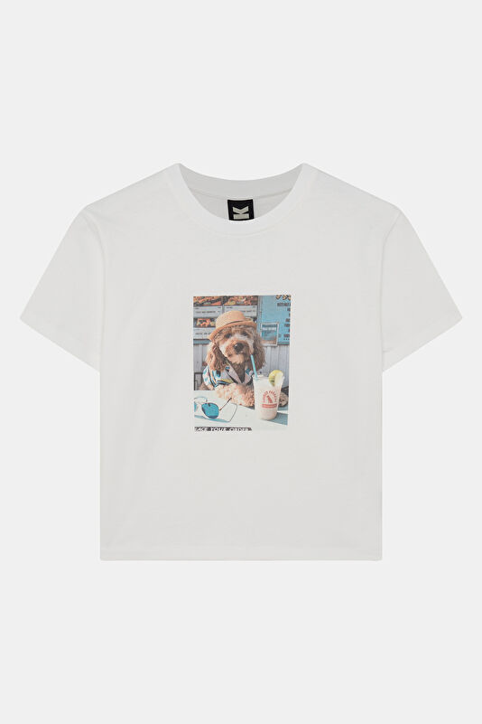 Relax Kalıp Beyaz Bisiklet Yaka Baskılı Kadın T-Shirt