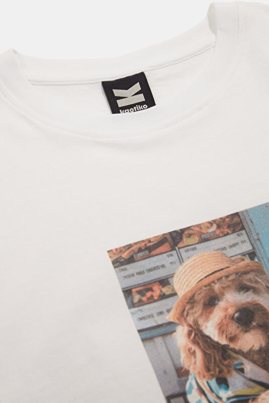 Relax Kalıp Beyaz Bisiklet Yaka Baskılı Kadın T-Shirt 3