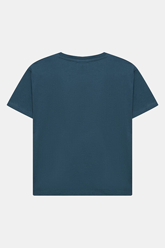 Relax Kalıp Lacivert Bisiklet Yaka Baskılı Kadın T-Shirt 2