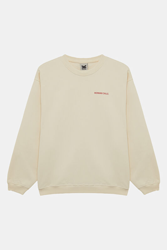 Ekru Relax Kalıp Bisiklet Yaka Kadın Sweatshirt