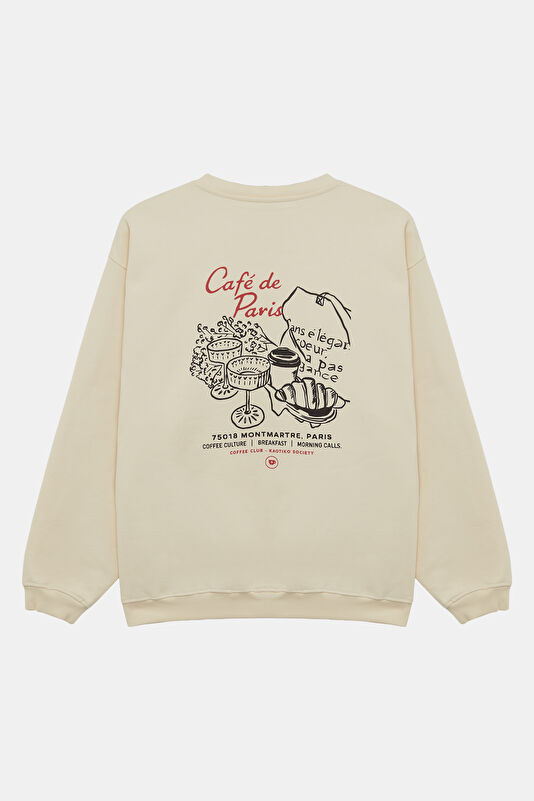 Ekru Relax Kalıp Bisiklet Yaka Kadın Sweatshirt 2