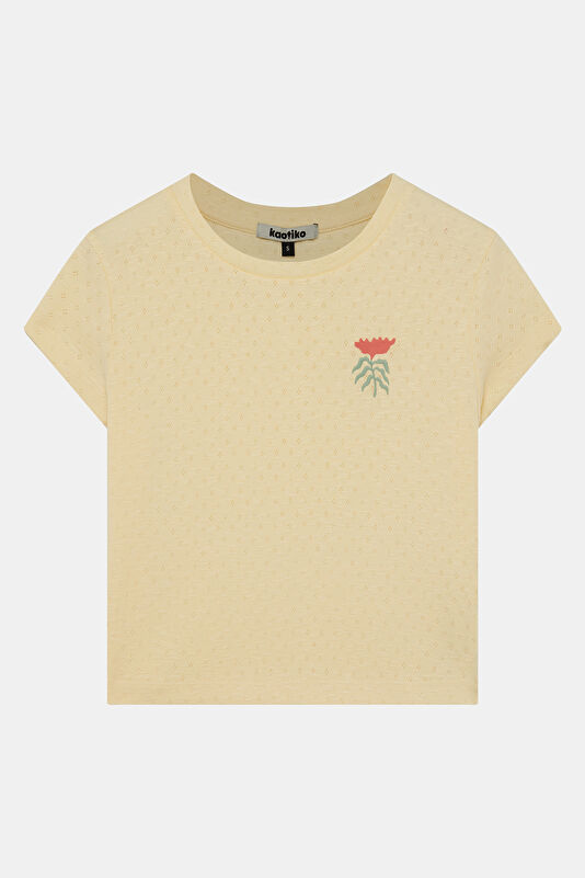 Relax Kalıp Sarı Bisiklet Yaka Baskılı Kadın T-Shirt