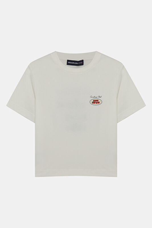 Beyaz Bisiklet Yaka Baskılı Kadın T-Shirt