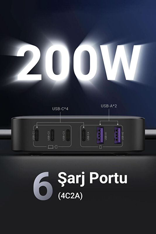 Nexode 200W GaN II 6 Portlu Hızlı Şarj Cihazı İstasyonu 2M Kablolu 2